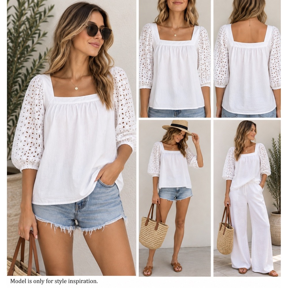 Grand & Greene Blouse Womens L White Eyelet Puff Sleeve Square Neck Boho Top